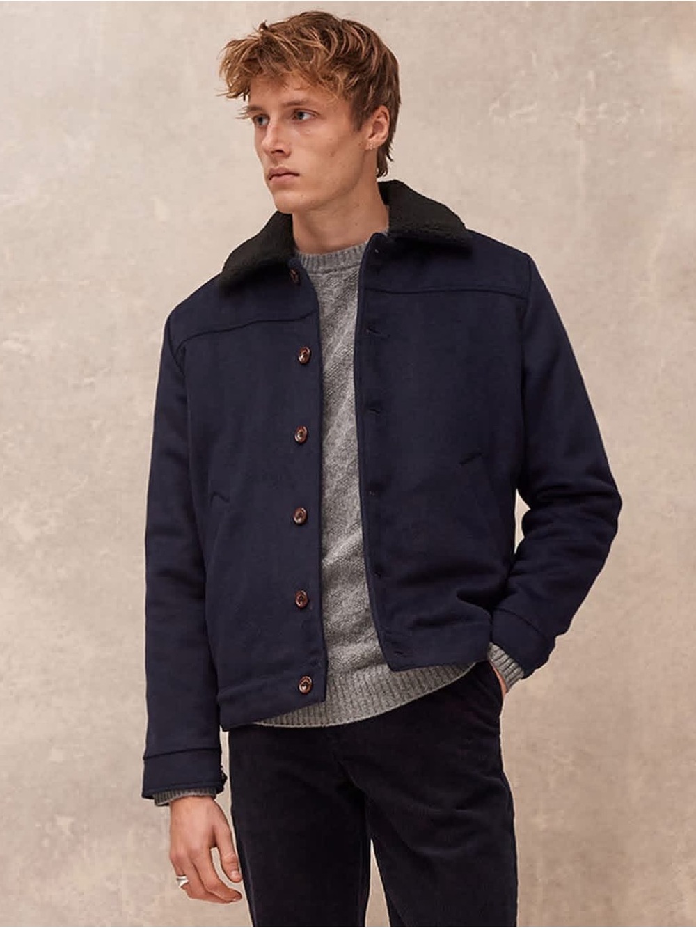 Percival Men's Whitley Navy Wool-Blend Button Jacket with Sherpa Collar
